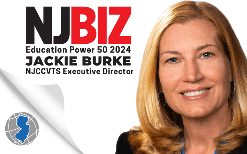 Jackie Burke is featured in a graphic detailing the NJBIZ Power 50 in Education title