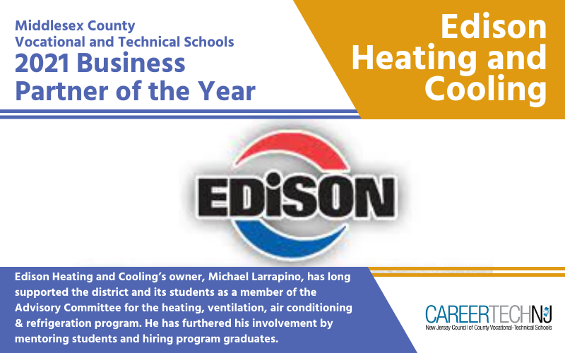Edison Heating and Cooling named by Middlesex County Vocational and Technical Schools as 2021 Business Partner of the Year