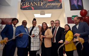 A ribbon cutting celebrates the new Culinary Arts and Baking wing at Camden County Technical School's Pennsauken Campus. Pictured left to right are Dalin Hackley, Outreach Director, US House of Representatives; Jonathan Young, Camden County Commissioner; Nicole Roberts, Mayor of Pennsauken; Wanda Pichardo, Superintendent; David Luthman, Board of Education President; Carmen Rodriguez, Camden County Superintendent of Schools and CCTS Board of Education member; and Jerry Silvi, Board of Education member. (Photo provided by CCTS)